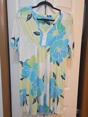 Ellen Tracy Floral V-Neck Tunic Top - Blue & Lime